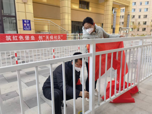 巡察干部陈刚、付丽萍在银信嘉苑小区悬挂疫情防控宣传标语(1)