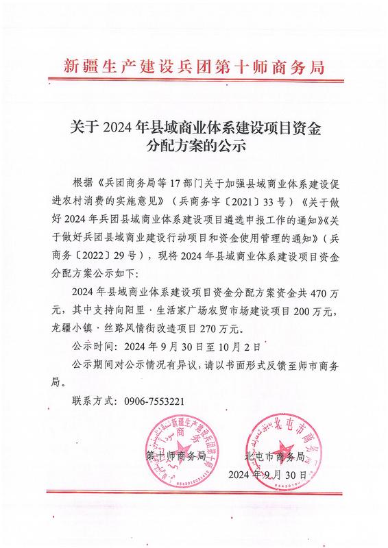 关于2024年县域商业体系建设项目资金分配方案的公示