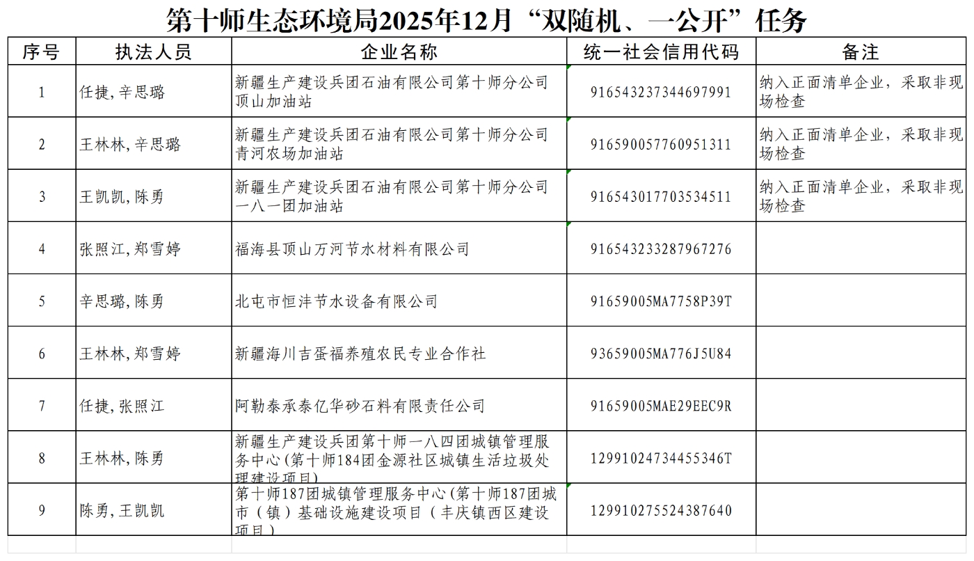 第十师生态环境局2025年12月“双随机、一公开”任务